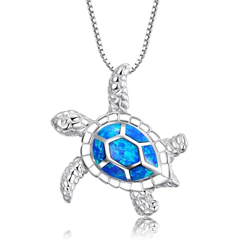 

New Fashion Cute Silver Plated Blue Opal Sea Turtle Pendant Necklace Multi Color Animal Turtle Necklace For Ocean Beach