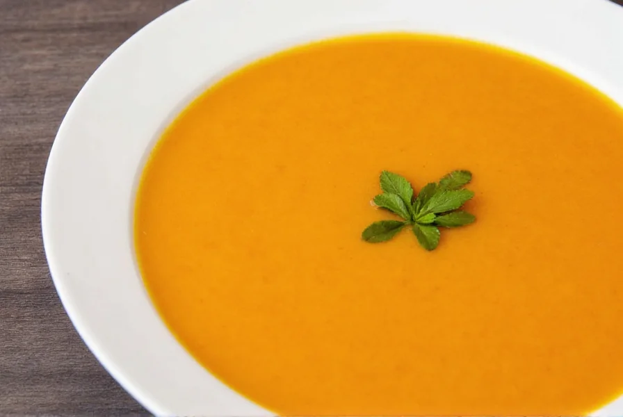 Creamy carrot ginger soup in white bowl with garnishes