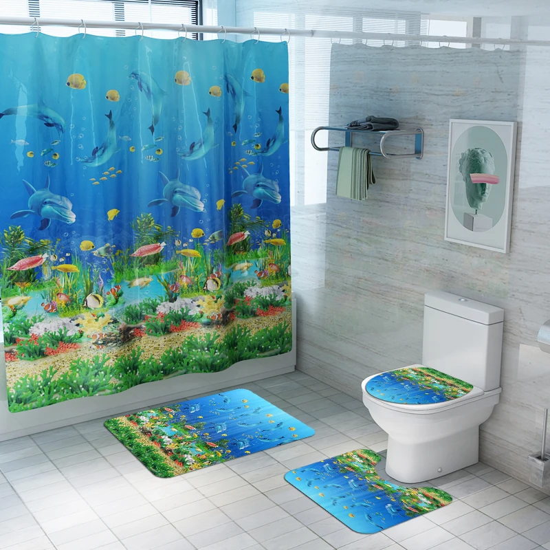 

Ocean style four piece set bath mat non slip shower curtain design bathroom curtain set shower