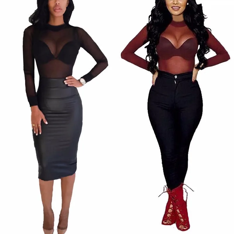 

Sexy Women T Shirt See Through Transparent Mesh Tops Long Sleeve Sheer Slim Ladies Turtleneck T-Shirt Sexy Apparel, 4 color as picture