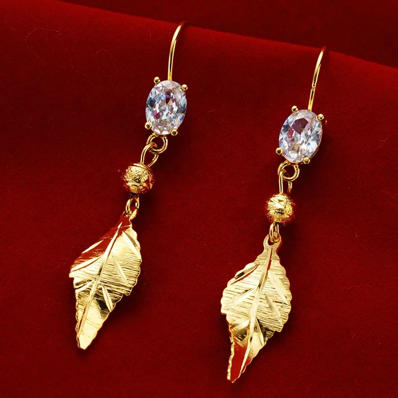 

Wholesale CZ cubic zircon designer 24K gold plated brass leaf pendant earrings jewelry for women