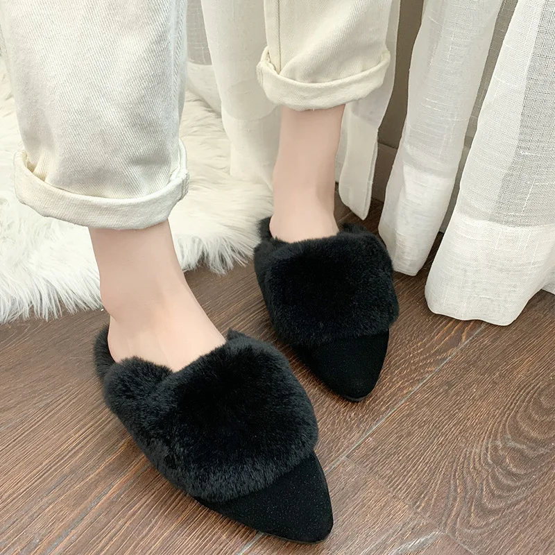 

Amazon hot fashion winter warm faux fur pointy plush slippers black slippers, Green, black, kakhi