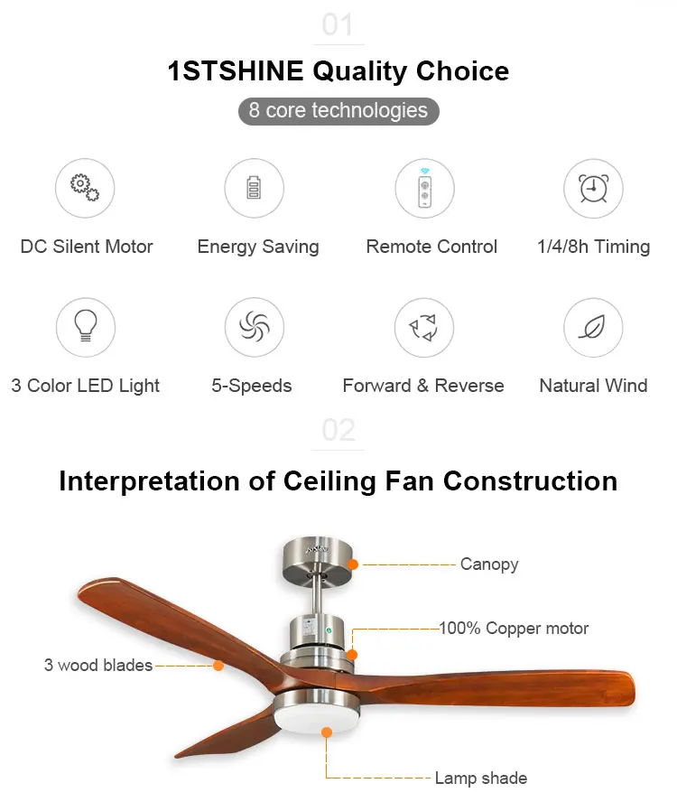 1stshine Ceiling Fan Designer New Design Silver Ionizer Wood Decorative Led Ceiling Fans Light