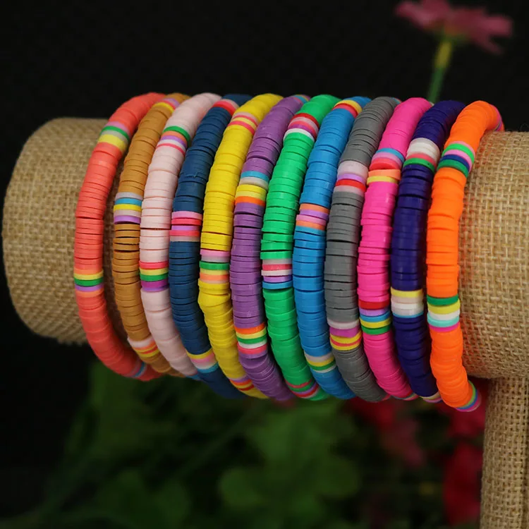 

BP1001 Trial Jewelry Colorful Bohemian Elastic Heishi Beads Bracelets, African Vinyl Discs Polymer Clay Disc Beads Bracelets