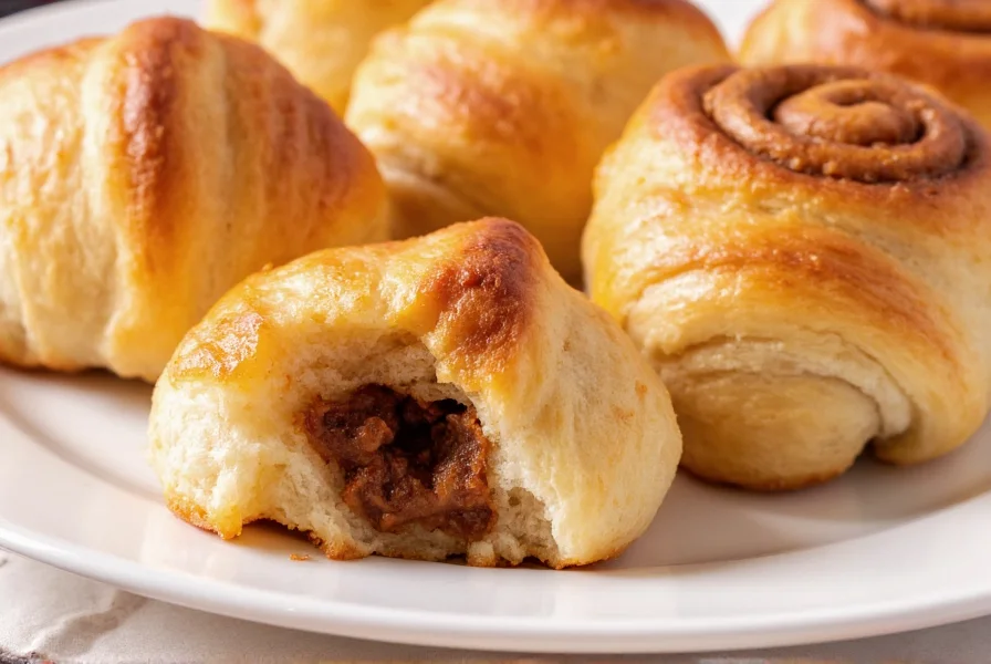 Close-up of golden brown crescent roll cinnamon rolls with cinnamon sugar filling oozing out on a white ceramic plate