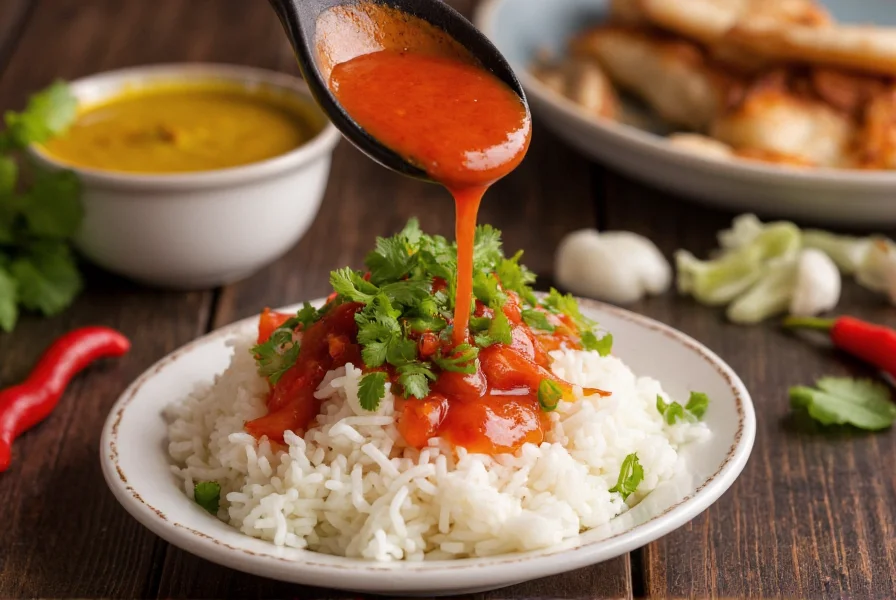 Authentic chili sauce being poured over steamed jasmine rice with fresh garnishes
