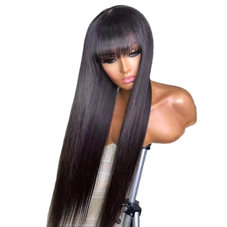 

New Design Glueless Bleached Knots Silky Long Straight Human Hair Wigs Lace Front Wig With Fringe