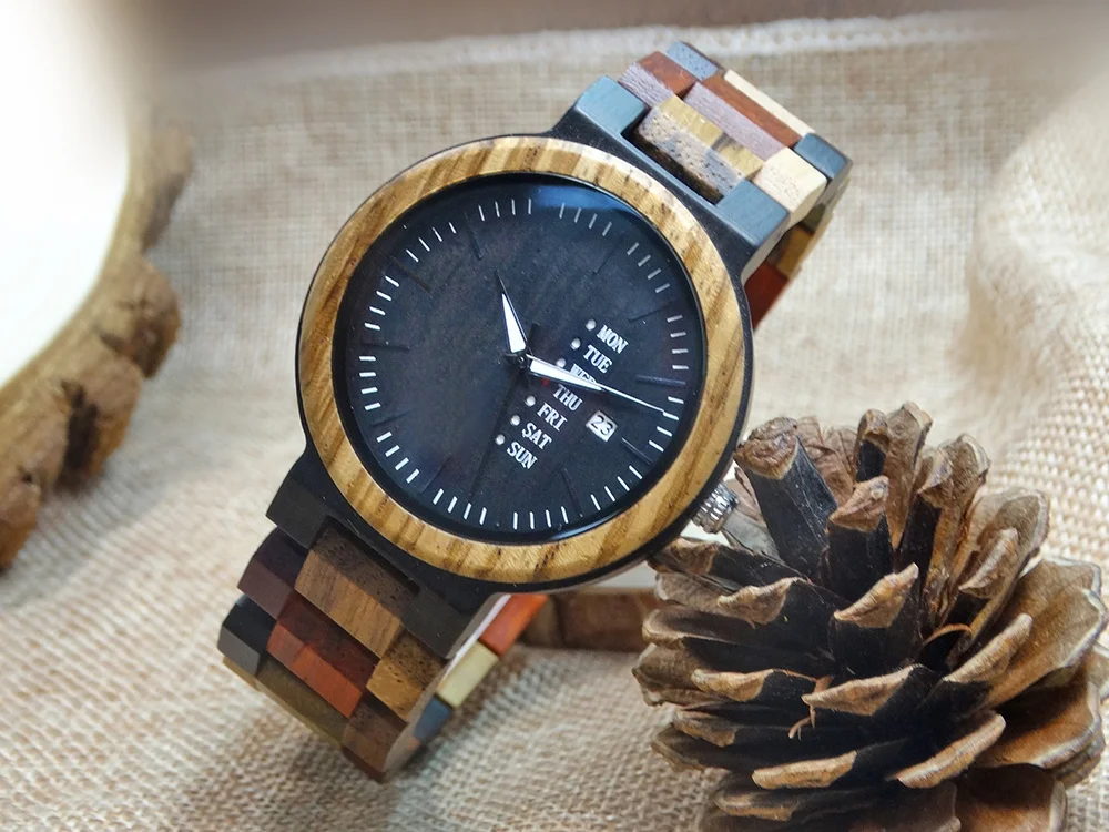 
Charm Reloj Quartz Mens Watches Wood Colorful Date Day Dial Drop Ship relogio masculino 