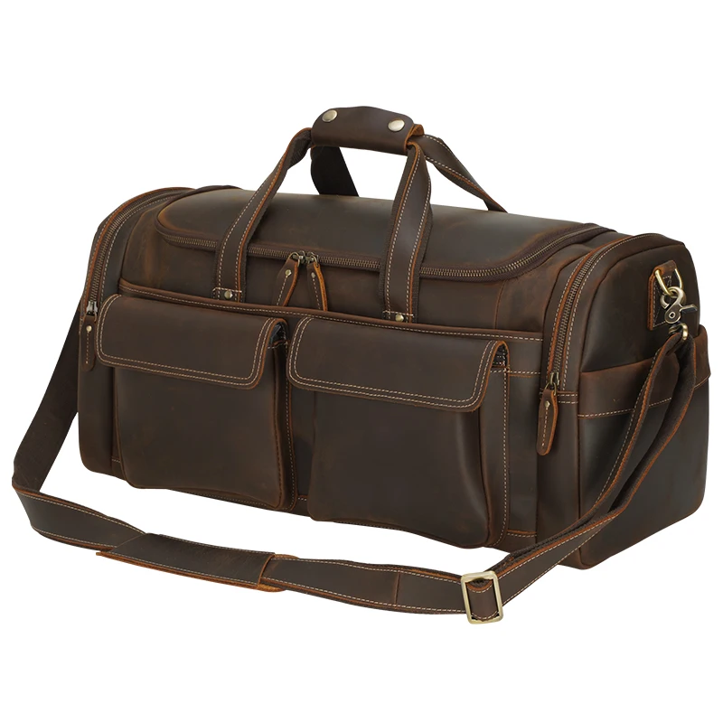 

Hot Selling Vintage Genuine Leather Brown Buffalo Real Leather Men Overnight Weekend Travel Bags Garment Duffel Bag