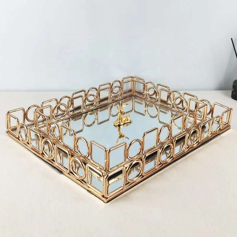 

Factory direct European iron art golden glass tray mirror bottom tray jewelry display storage tray decorative ornaments, Gold