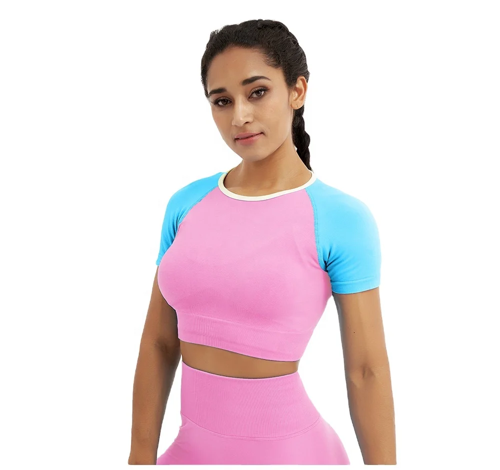 

custom logo plus size suits crop top high wiast seamless leggings workout fitness gym sport wear pants womans yoga sets, Blue , rose , yellow