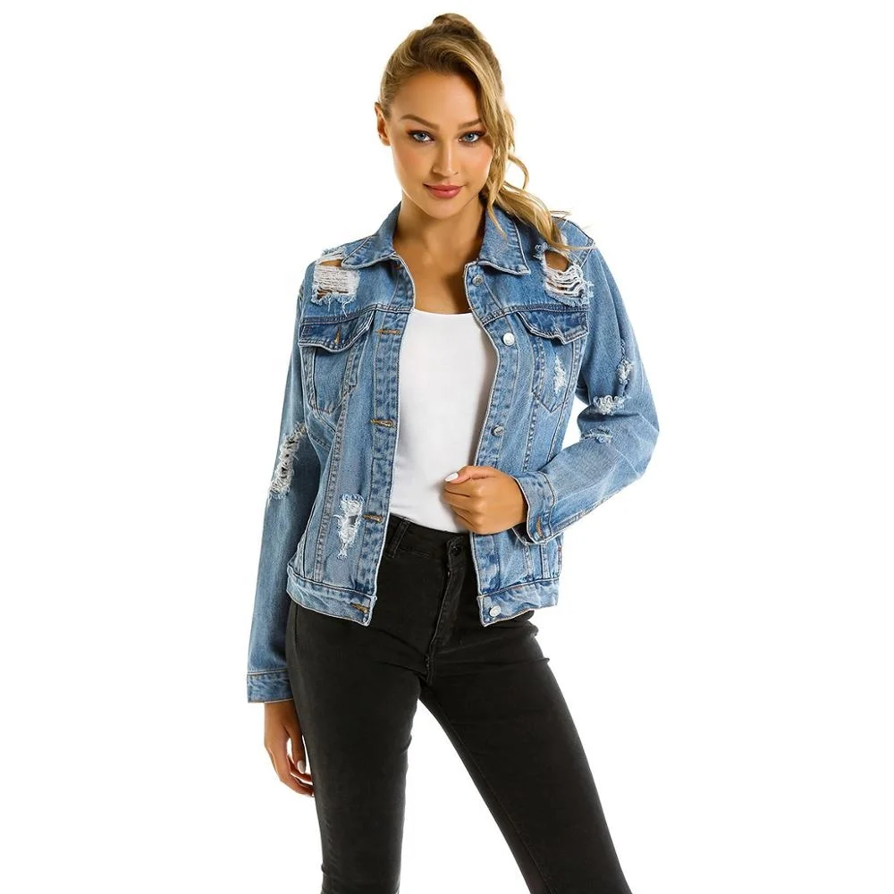 Women's Oversize Vintage Washed Denim Jacket Long Sleeve Classic Loose Jean Trucker Jacket Boyfriend Distressed Denim Jacket