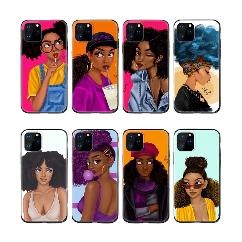 

2021 QIYU Poppin Melanin Black Cool Girl Aba Fashion Soft Bumper Phone Cover Case For iPhone 12 Pro 8 8Plus X XS Max 7 7Plus XR