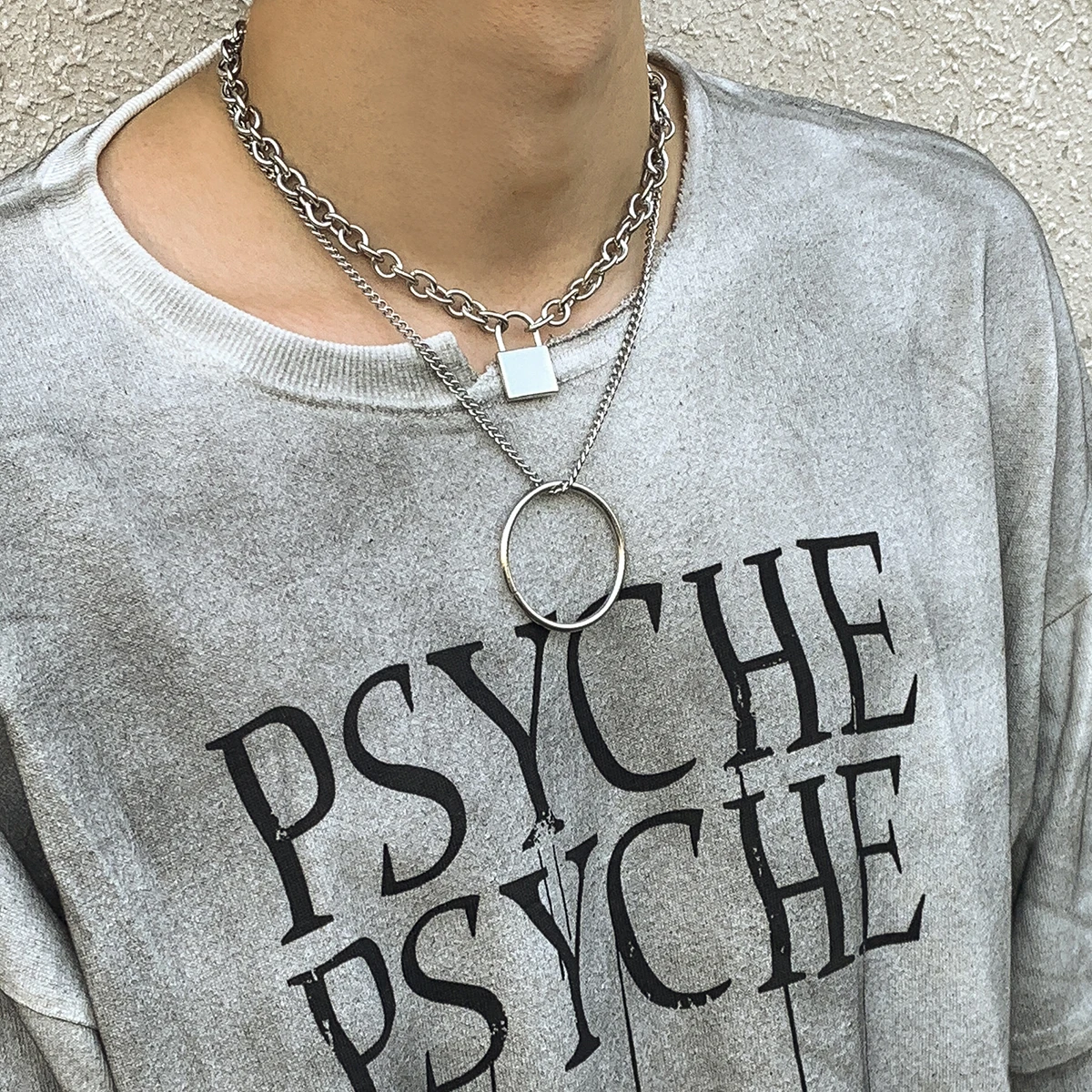 

SHIXIN Punk Titanium Steel Link Chain Necklace Hip Hop Lock Pendant Necklace Silver Stainless Steel Layered Necklace Men Women