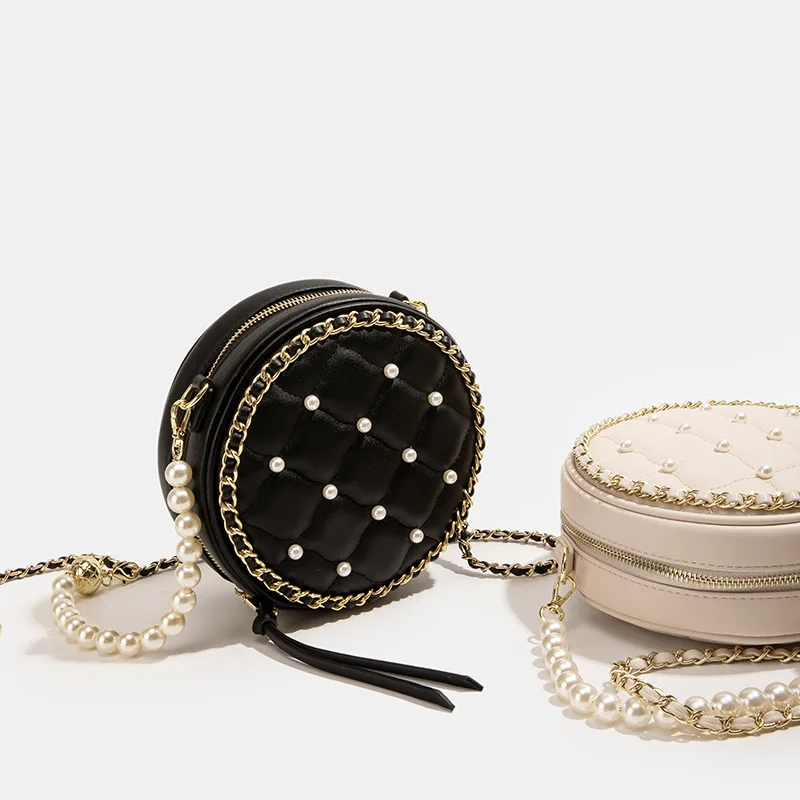 

2021 Fashion Stitched Lambskin Hand Bags Ladies Leather Handbags -shoulder Pearl Small Round Bag Luxury Handbags For Women