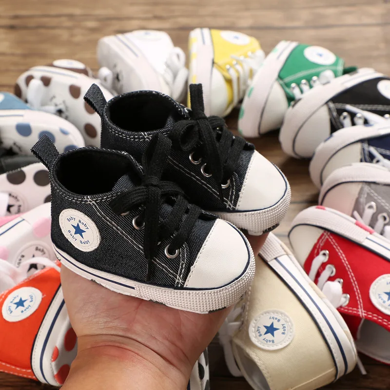 

Baby Shoes Boy Girl Star Solid Sneaker Cotton Soft Anti-Slip Sole Newborn Infant First Walkers Toddler Casual Canvas Crib Shoes, Black