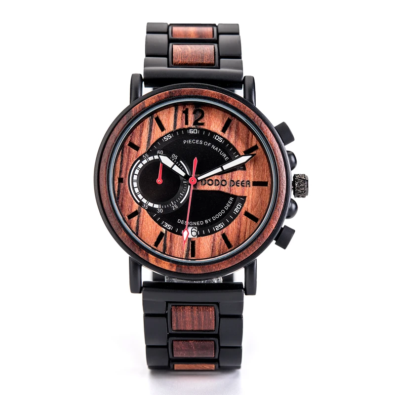 Men's Sport Business Multifunctional Minimalist Stainless Steel Wooden Watch Custom Logo Antique Fashion Japanese Quartz Glass