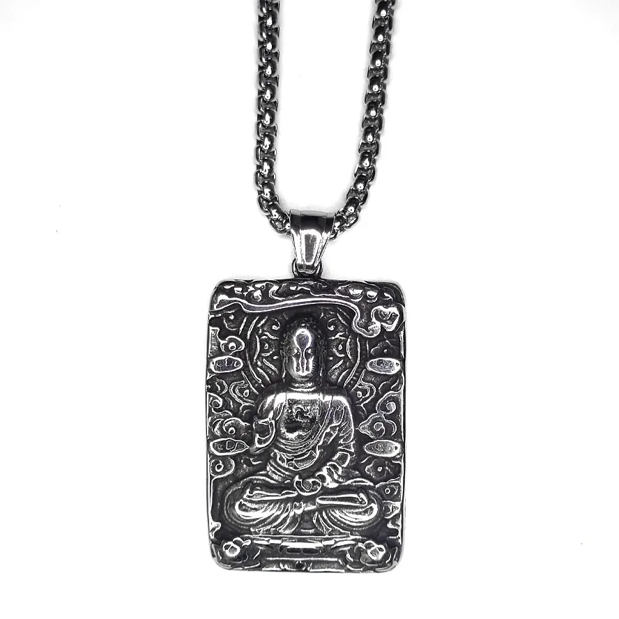 

Large Tetragonum 316L Stainless Steel Jade Buddha Nameplate Necklace Pendant, Black silver gold