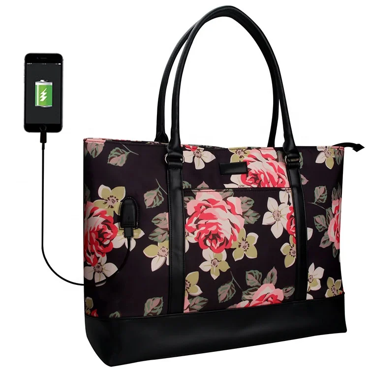 

Relavel Fashion Laptop Tote Bag for Women Business Work Teacher School USB Bag Briefcase Travel Fits 15.6 inch Laptop Handbags, Flowery black