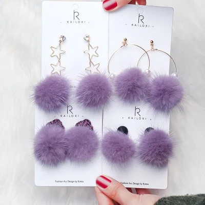 

2021 New Arrival Purple Fluffy Fur Ball Stud Earrings Geometric Star Faux Mink Pom Fur Ball Drop Earrings for Girls