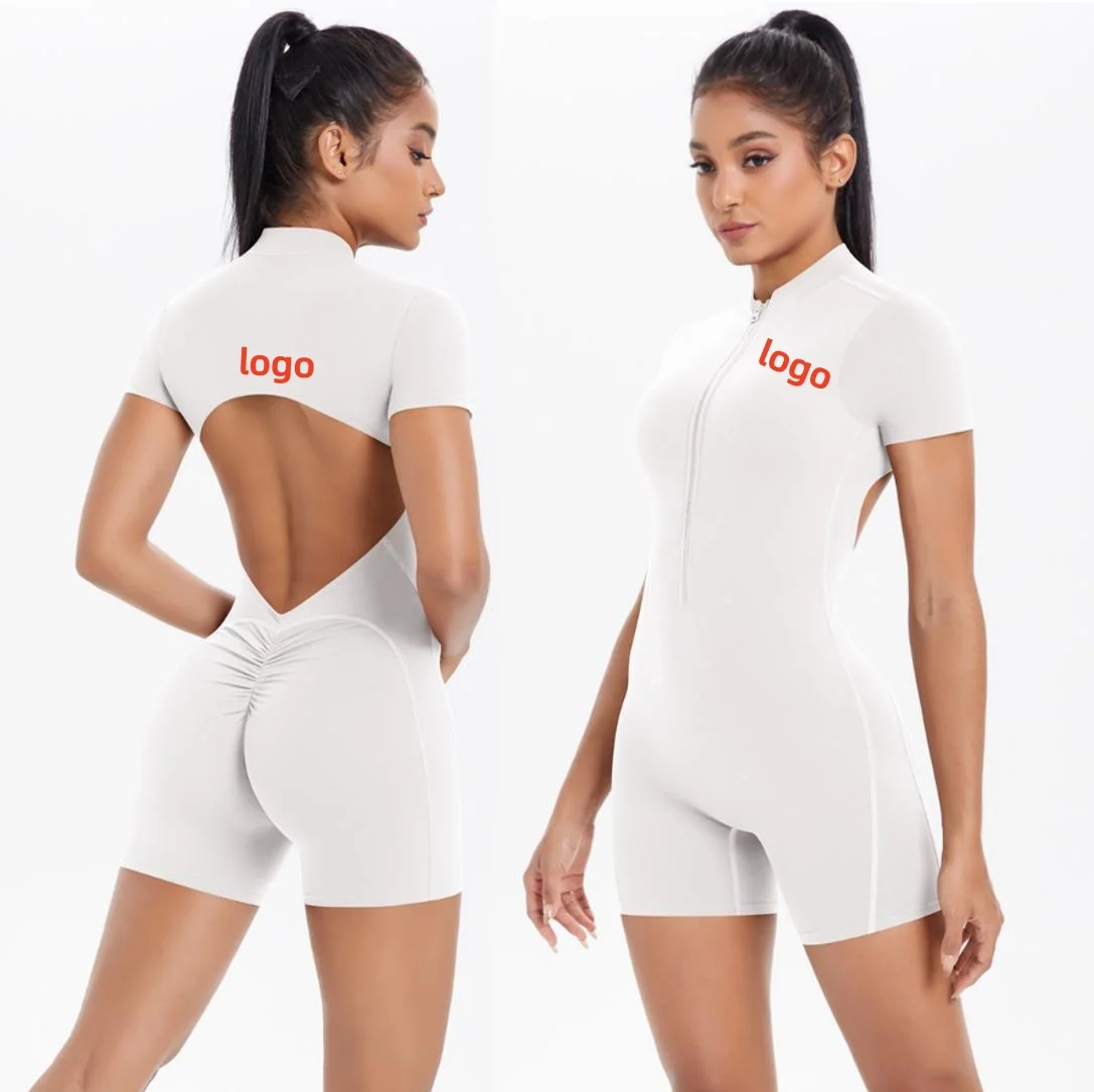Women Open Back Half-Zip Short Sleeves Fitness Yoga Bodysuit Dance Shapewear Tight Scrunch Butt Workout Gym Short Jumpsuit