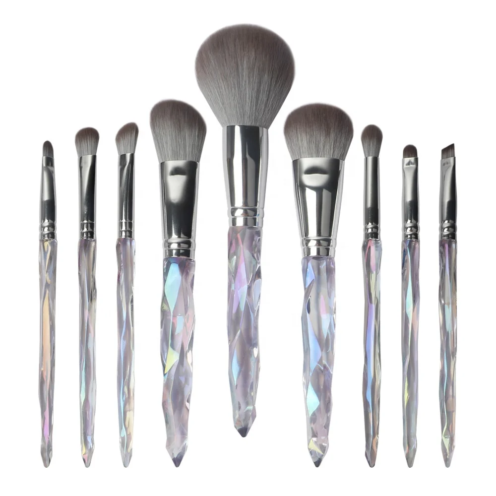 

Wholesale 9 pcs Powder Blush Soft Crystal Clear Synthetic Face Luxury Rhinestone Vegan Makeup Brushes Private Label