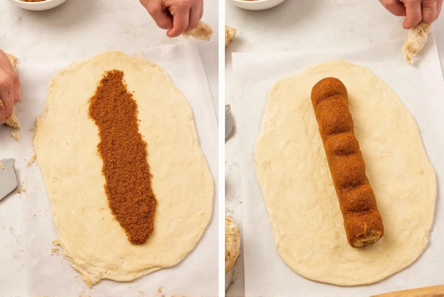 Step-by-step visual showing cinnamon sugar mixture being spread on rolled dough before rolling into a log