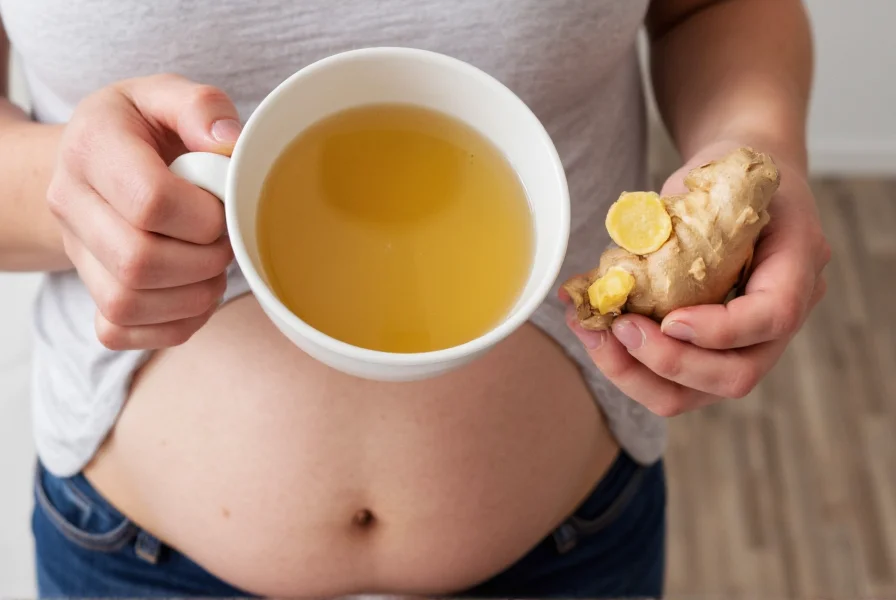 Pregnant woman safely enjoying a cup of ginger tea with fresh ginger root and tea preparation