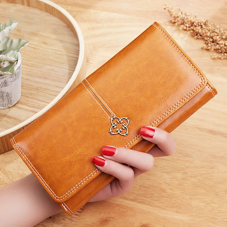 

2021 New Women Long Wallets Oil Wax Leather Wallet Wholesale Cross border Retro Lady Zipper Waterproof, 4 colors