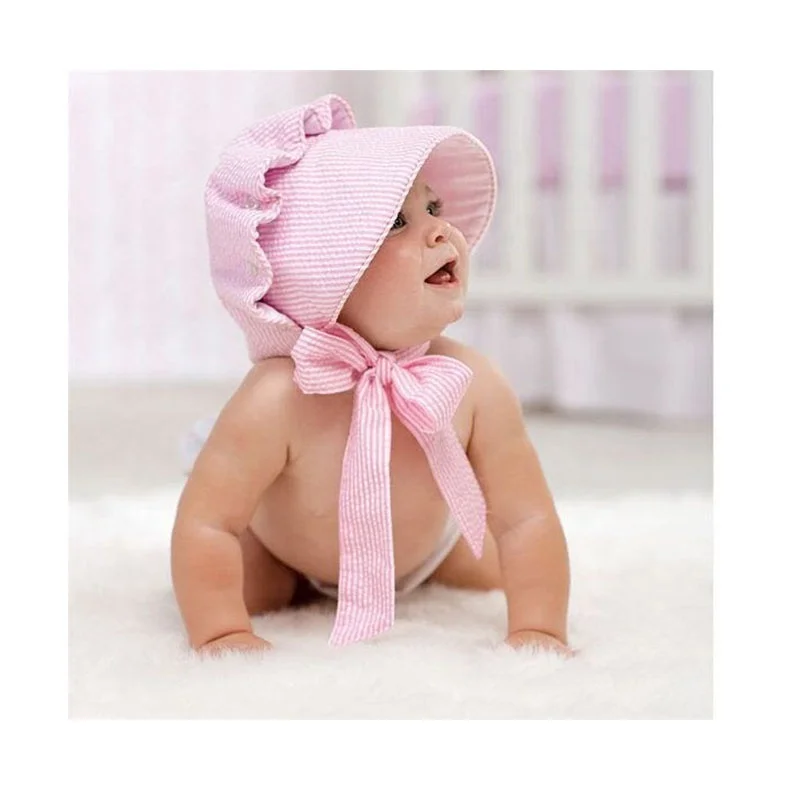 

Wholesale Cute Baby Girl Seersucker Bonnet, Pink/white/blue/purple