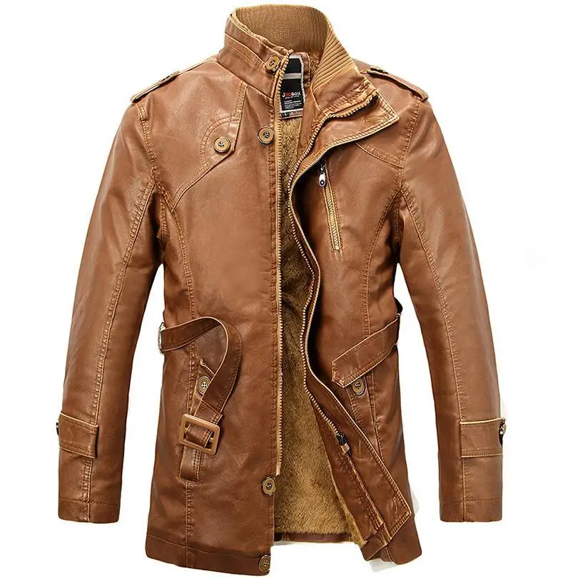 PU Leather Jacket Men Long Wool Stand Collar Coats Men's Leather Jackets Overcoat