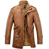 

PU Leather Jacket Men Long Wool Stand Collar Coats Men's Leather Jackets Overcoat