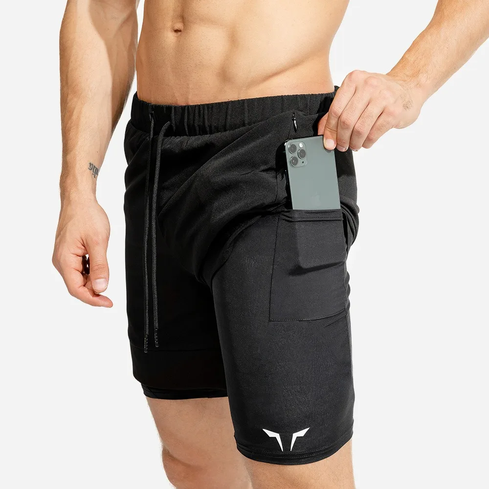 

Hot sale mens summer high quality Welded reflective tape Two-Layer 2 in 1Two-in-One sports Shorts Towel Loop with phone pocket