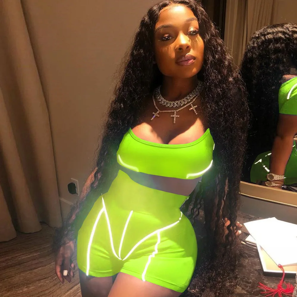 

2021 Women's 2 Piece Shorts Set Neon Green Two Piece Jumpsuits Sports Biker Shorts Set Reflective Two Piece Sets Outfit, Customized color