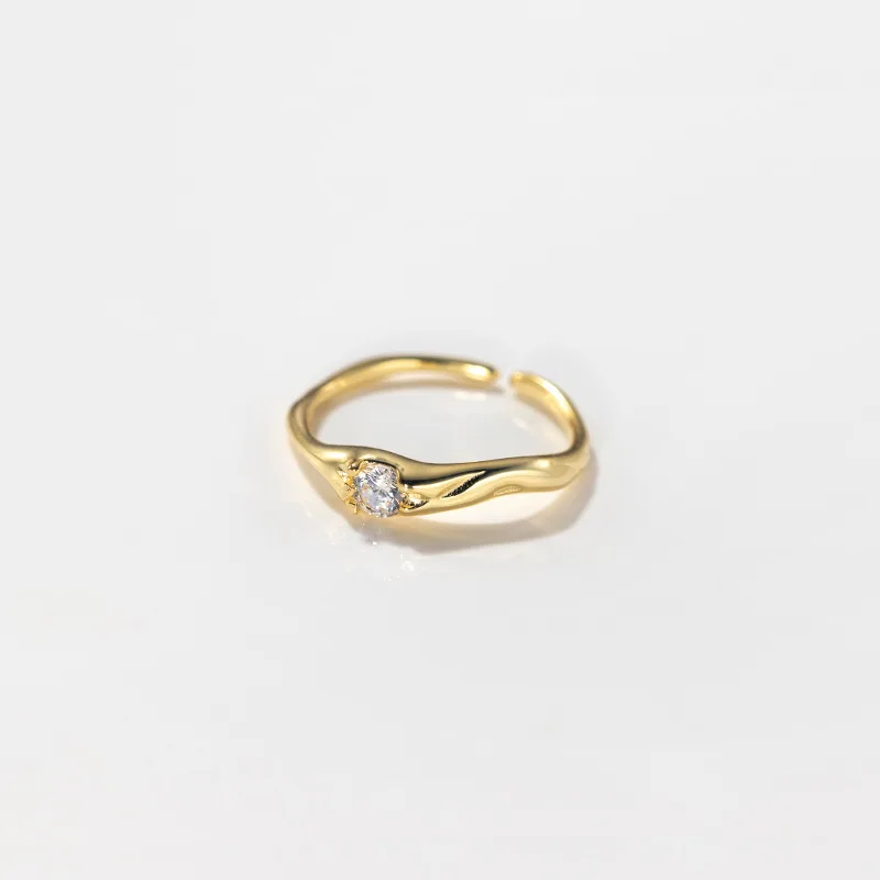 Fine Summer Silver Jewelry 925 Sterling Silver Single Zircon Rings for Women 18K Gold Plated Irregular Wave Adjustable Rings
