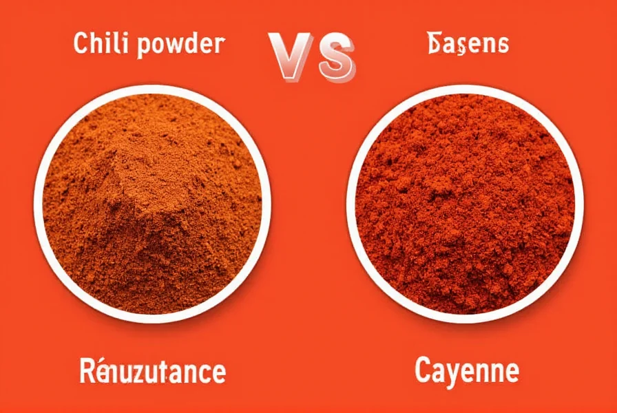 Side-by-side comparison of chili powder and cayenne pepper in spice jars with measuring spoons showing substitution ratios