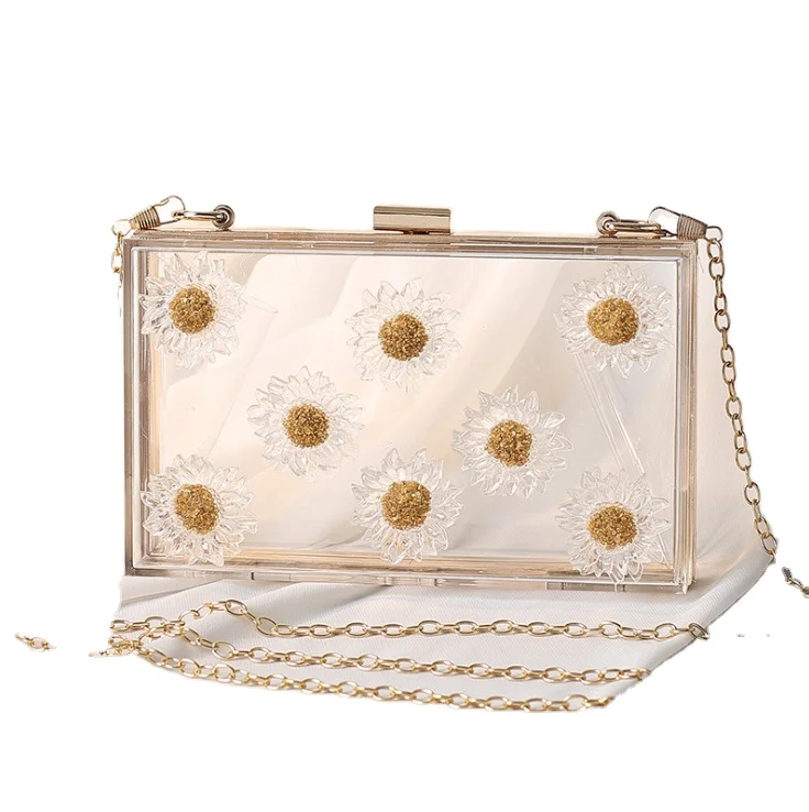 

New Arrival Transparent Acrylic Material Box Bag Daisy Appliques Chains Bag Luxury Daisy Women Shoulder Handbags Y14073