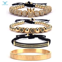 

Luxury 4Pcs/Set Men's Gold Crown Bracelet Roman Numerals Engraved Bangle CZ Crown Braided Macrame Bracelet