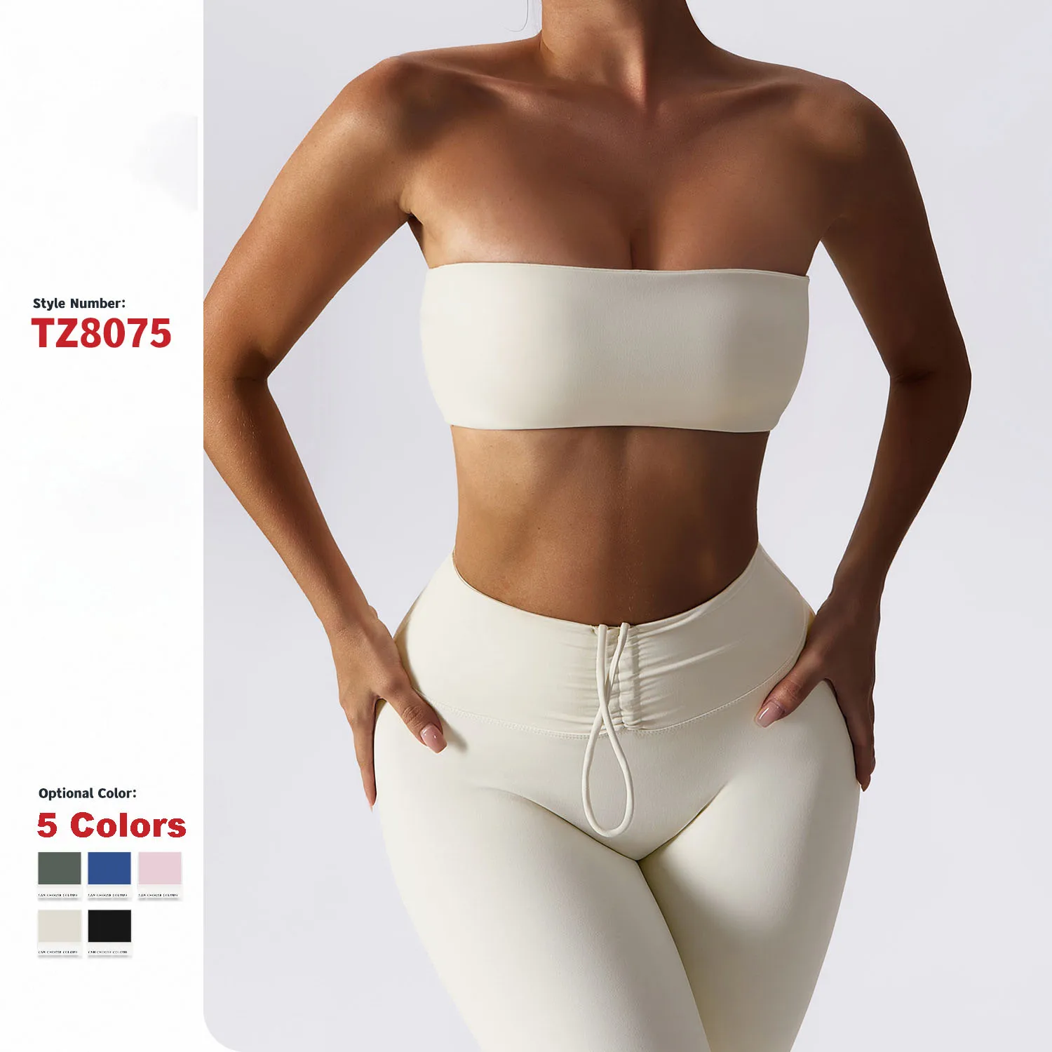 

Summer Soft Chest Wrapping Strapless Sports Bra And Drawstring Leggings Sets Scrunch Gym Outfit Set For Women