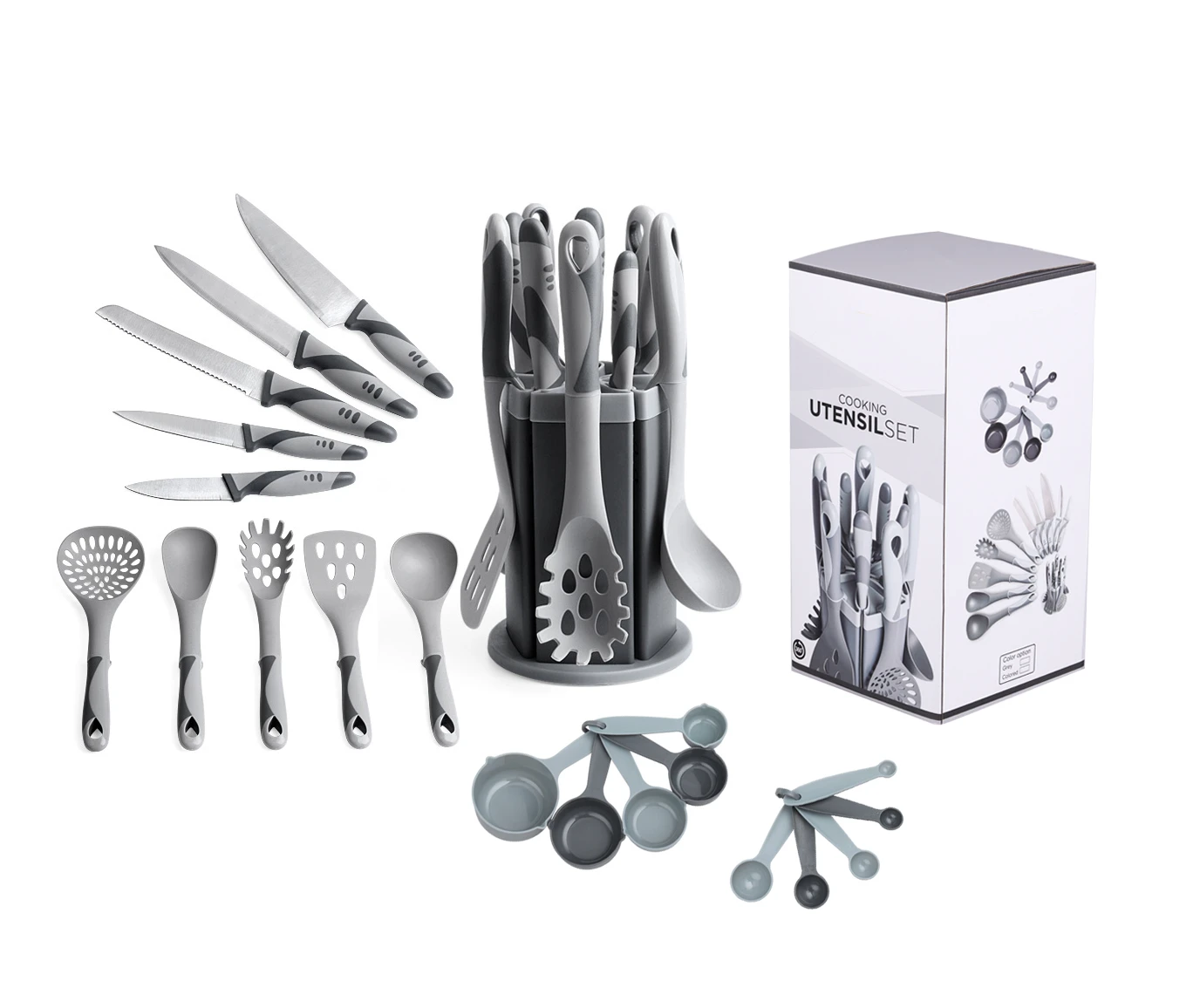 

21Pcs Kitchen Accessories Stainless Steel Kitchen Knife Set Nylon Kitchen Utensil Set With Measuring Spoon And Rotating Stand