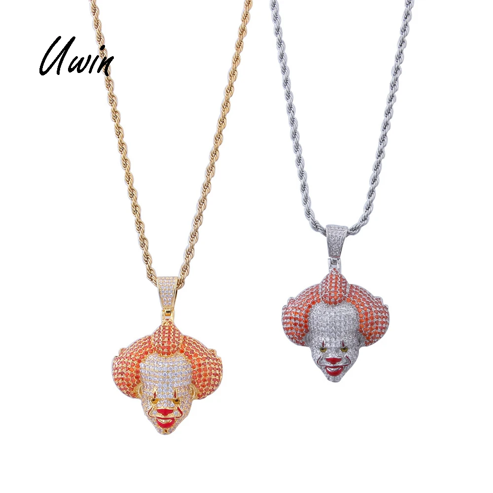 

UWIN Full Iced Out Pennywise CZ Horror Clown Pendant Zirconia Joker Charm Necklace Hiphop Rapper Jewelries, Gold, silver, rose gold