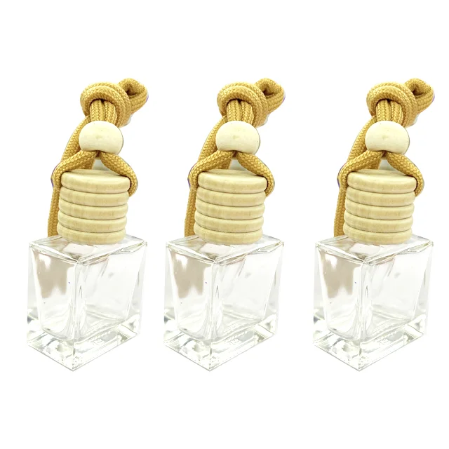 

Hanging Car Diffuser Empty Clear Glass Square Car Air Freshener Perfume Aromatherapy Pendant Bottle with wooden cap and string