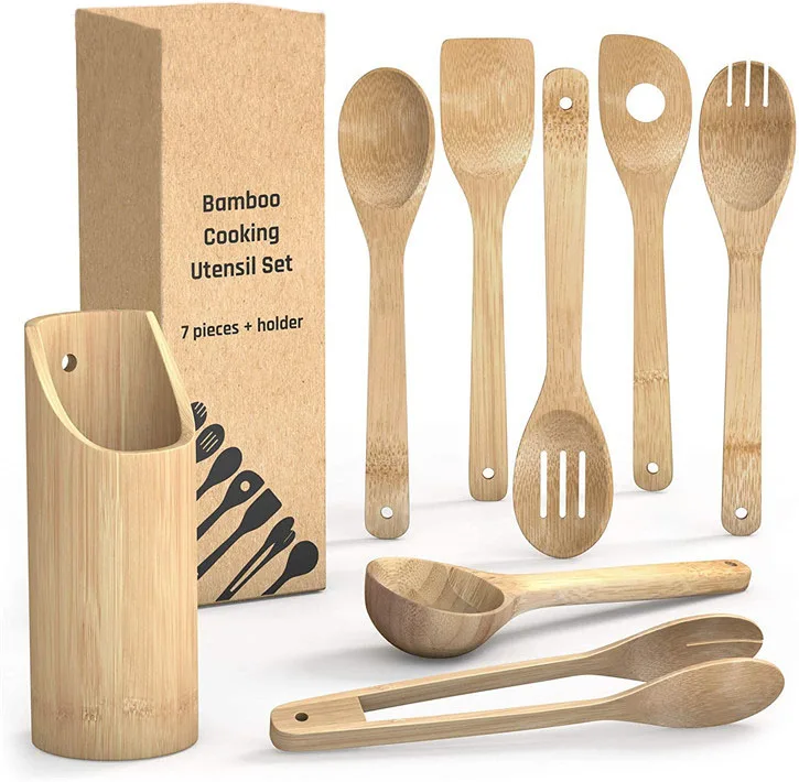 

Healthy Natural 8 Pieces Kitchen Utensils Wooden Bamboo Cookware Sets for Cooking with Ladle Tongs and Holder