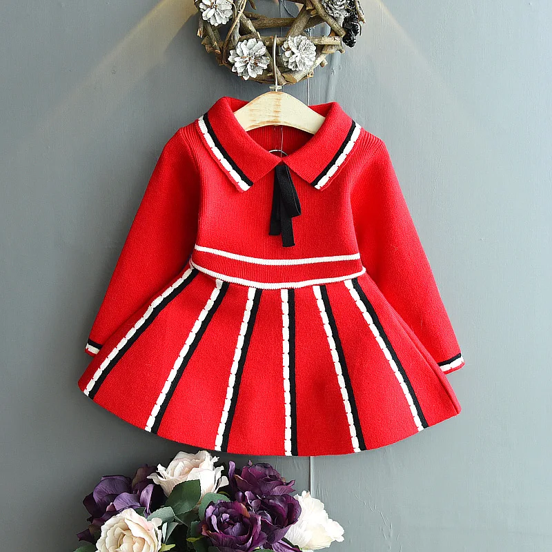 

Winter Fall Hot Sale College Style Girls Pleated Cheap Sweater Dress Kids Toddler Long Sleeve Sweater Dress