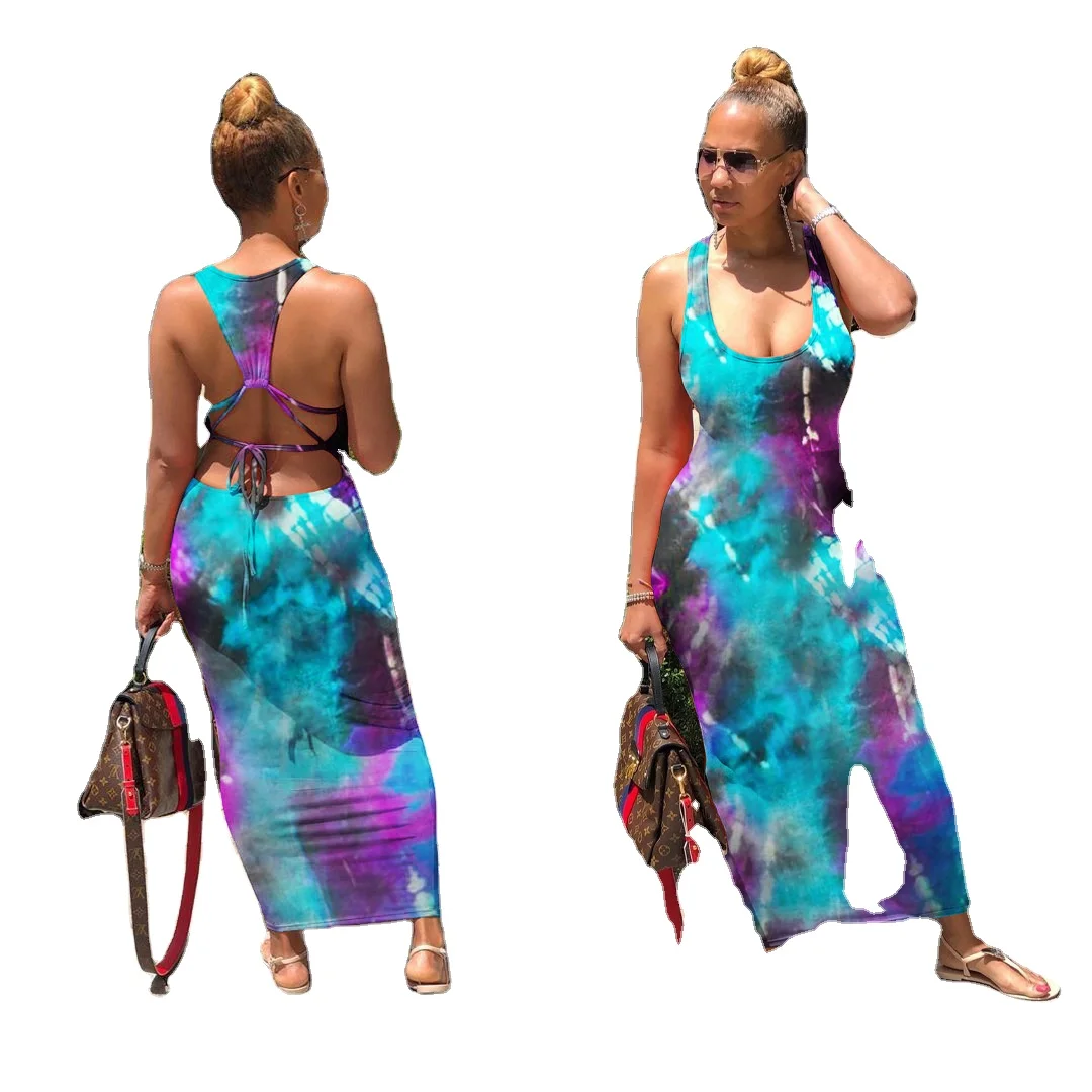 

Summer fashion backless tie dyed maxi dress elegant girl Maxi Dress