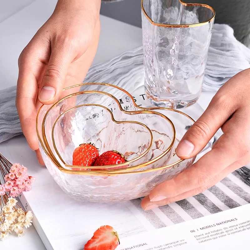 

Factory Borosilicate Glass Kitchenware Special Shaped Luxury Salad Bowl Soup Bowl Clear Glass with Gold Rom