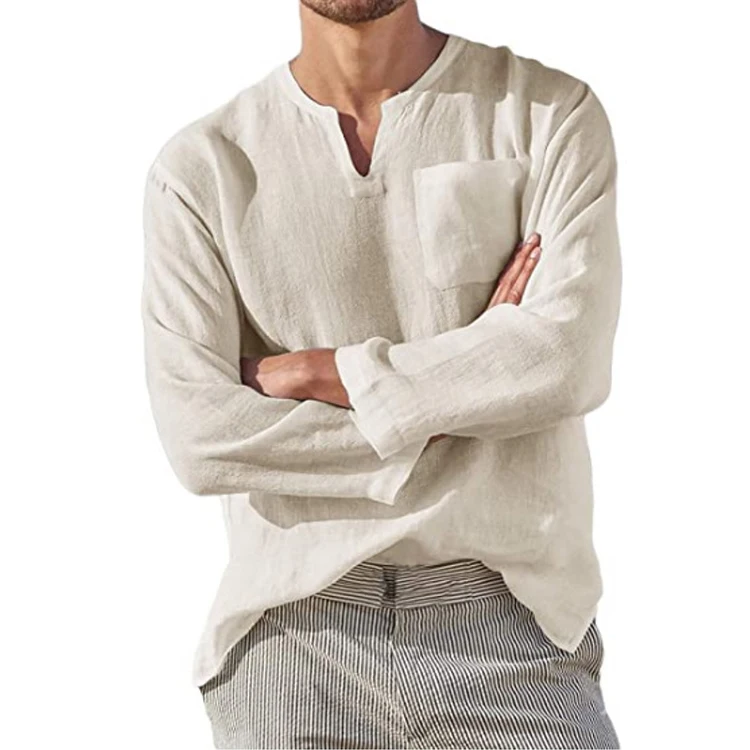 

2022 Spring Mens Long Sleeve Cotton Linen Shirts V Collar Man T Shirt Casual Linen Cotton T Shirt Men