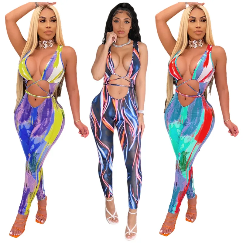 

2021 summer clothes for women sexy fashion Special printed sling sleeveless casual jumpsuit, Picture color jumpsuit