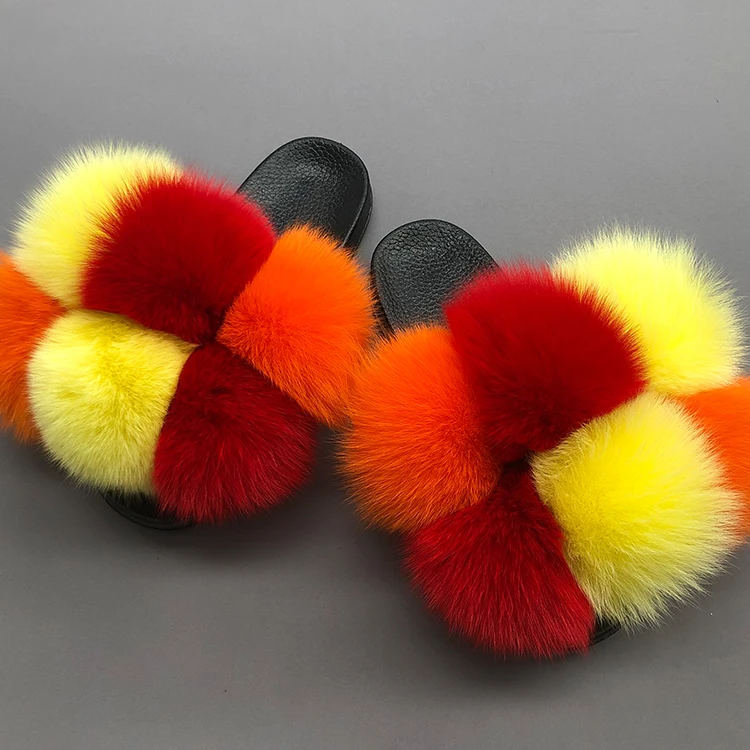

Yellow orange red mixed color large furry real pom pom fur slippers, Customized color