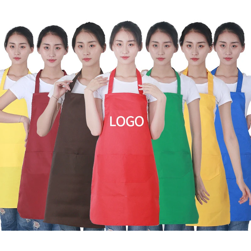 

Women 2 Pockets Advertising Polyester Apron Korean Style Washable Pink Kitchen Cooking Cleaning Aprons With Custom Logo Design, Customized
